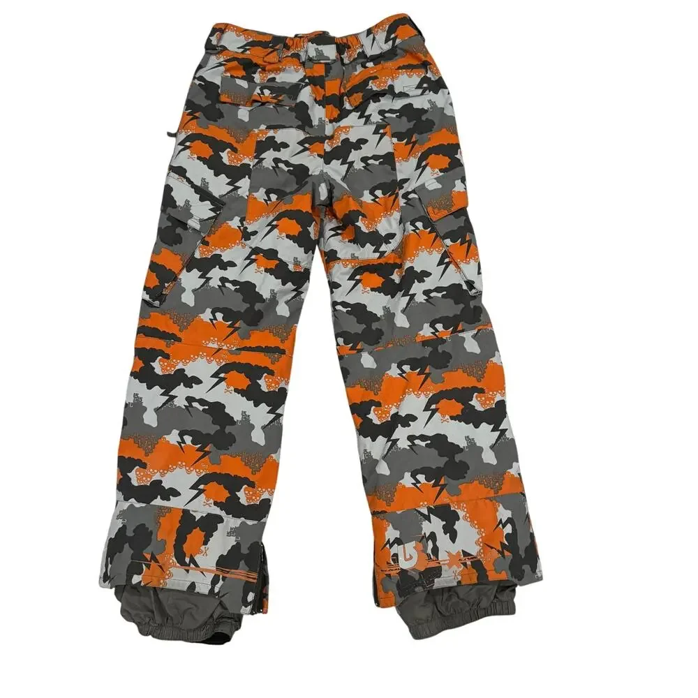Burton Boys XL Insulated Snowboard Pants Orange Gray Camo Skull Lightning EUC